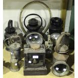 A group of various railway lamps, including a Welch Patent S.R. lamp, a Davey & Co. lamp, a Dietz