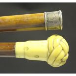 A late Victorian hardwood walking stick, the vegetable ivory handle carved in the form of a stylized