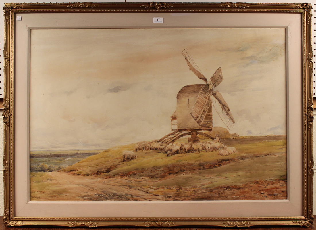 Claude Hayes - Shepherd and Flock near a Windmill, late 19th/early 20th Century watercolour, signed,