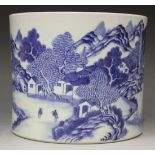 A Chinese blue and white porcelain brush pot, possibly 18th Century, the cylindrical body painted