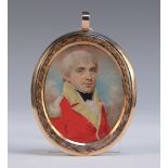 Circle of George Engleheart - Oval Miniature Half Length Portrait of an Officer wearing a Red Jacket
