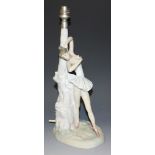 A Lladro porcelain figural lamp base, Columbine, No 4526, height approx 36cm (fingers of one hand