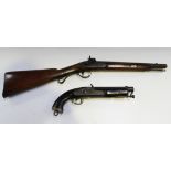 A 16 bore percussion carbine by Prosser with cut down barrel, length approx 36cm, converted from
