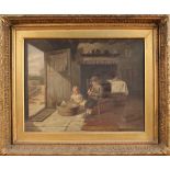 Claude Reeves - Children playing with Toy Boats in a Cottage Interior, oil on canvas, signed and