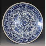A Chinese blue and white porcelain circular dish, mark of Qianlong but late 19th Century, the centre