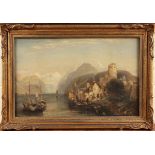 Late 19th Century British School - Continental Lake Scene, oil on canvas, labels verso, approx