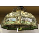 An early 20th Century gilt cast metal and mottled coloured glass octagonal ceiling light shade,