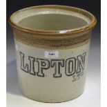 An early 20th Century stoneware storage jar, transfer printed with 'Lipton Ltd', height approx 23.