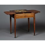 A George III mahogany backgammon and chess drop-flap sofa table, the reversible slide-out top inlaid