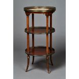 A late 19th Century French mahogany circular three-tier étagère with brass line inlaid borders,