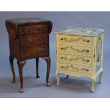 A late 20th Century Louis XV style yellow painted bedside chest of four drawers, on cabriole legs,