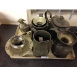 A quantity of metalware to include pewter tankards.