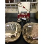 2 plated lidded serving dishes, boxed fruit spoon set & a pair of plated salts and spoons with