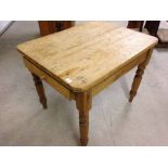 Old Pine table with an end drawer, and turned legs, 69cm wide x 92cm long x 72cm tall.