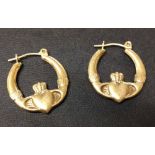 Pair of 9ct gold Claddagh hoop earrings. Weight approx 1.0g