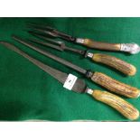 4 vintage carving knives, forks & steel with horn handles - including silver collared examples