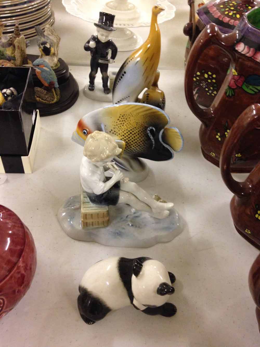 5 pieces of Eastern European porcelain to include a Lomonosov panda, Hollohaza fish & emu.