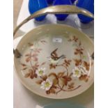 An antique French hand enamelled glass bowl with silvered handle decorated with birds & flowers.