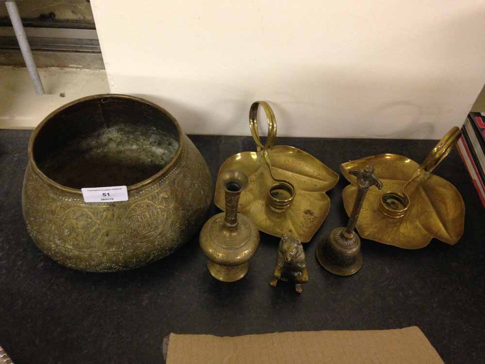 A quantity of brass ware to include a pair of leaf candle holders & Persian spitoon.