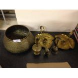 A quantity of brass ware to include a pair of leaf candle holders & Persian spitoon.