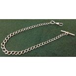 Hallmarked silver watch chain with T bar - each link stamped with the lion standard mark. Approx 12"
