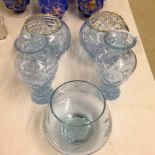 2 blue cut glass rosebowls, 2 blue cut glass vases with a blue glass posy bowl with engraved