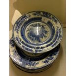 9 early Spode blue & white plates: 7 x flower basket pattern and 2 cricket pattern