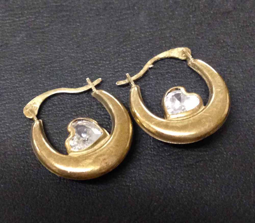 Pair of 9ct gold hoop earrings, each set with a crystal.  Total weight approx 1.2g