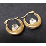 Pair of 9ct gold hoop earrings, each set with a crystal.  Total weight approx 1.2g