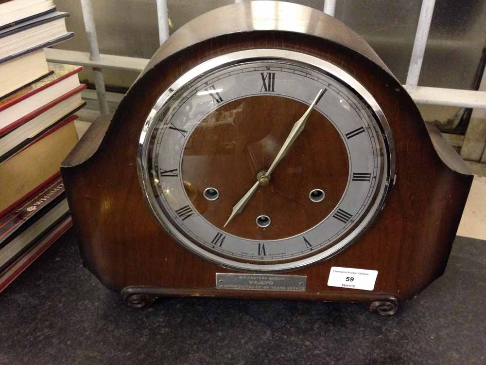 A Smiths mantle clock with British Railways Eastern Region retirement plaque