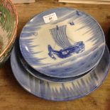 3 antique Japanese bat printed blue & white plates - Arita