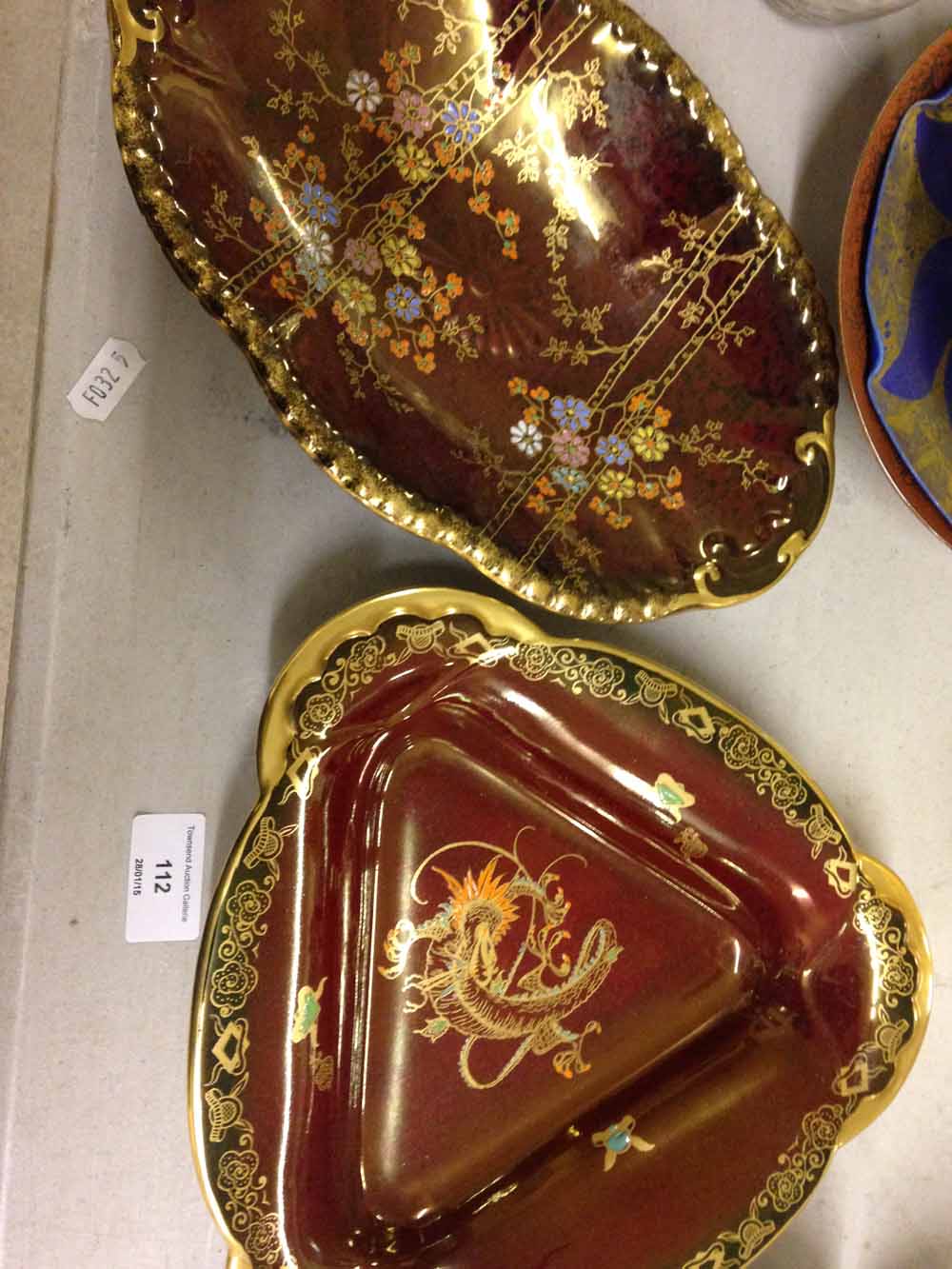 2 Crown Devon Rouge Royale pieces - dragon pattern & floral pattern.