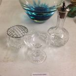 Collection of 3 cut crystal items to include a small decanter with hallmarked silver pourer.