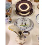 3 pieces of Quimper (2 unusual plates & a muffin dish) and a French faience jug