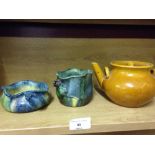 2 studio pottery 'Mouseman' style pots with mice decoration and an antique studio pottery teapot,