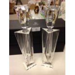 Pair of clear glass art deco style perfume bottles. 28cm tall.