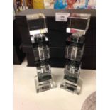 Pair black & clear glass art deco style perfume bottles. 21cm tall.