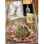 A collection of costume jewellery to include a rose quartz necklace & silver marcasite earrings.