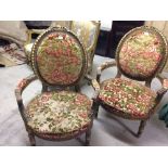 Pair french style giltwood chairs in green & red upholstery.