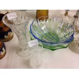 A cut crystal vase 21cm tall, a Caithness style posy vase & 2 moulded glass bowls.