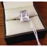 Silver ring set with large baguette cut Cubic Zirconia. Size J.