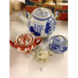 4 Japanese teapots, early 20th century, 3 Arita & 1 Japanese Sumida (a/f)