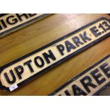 Reproduction wooden road sign Upton Park E13 (home of West Ham FC).