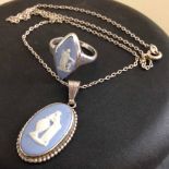 A Wedgwood blue jasper ware silver ring & necklace.