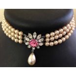 Faux pearl choker necklace with pink & white diamante flower design clasp and faux pearl teardrop