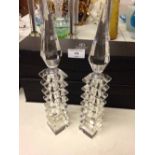 Pair clear glass spire topped perfume bottles. 27cm tall.