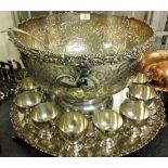 Large silver plated copper punch bowl with 9 cups & ladle by Barker Ellis.