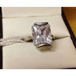 Silver ring set with large baguette cut Cubic Zirconia. Size J.