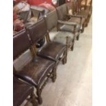 9 antique leather dining chairs, and 2 plant stands all in need of restoration.