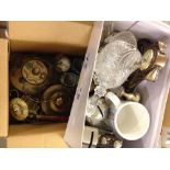 A small box of brass metalware and miscellaneous items to include an EPNS almond dish with glass